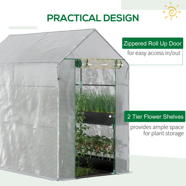 Walk In Greenhouse with 2-Tier Shelves, Roll up Zip Panel Door, Garden Polytunnel Steeple Grow House for Outdoor, 6 x 4 x 6ft White