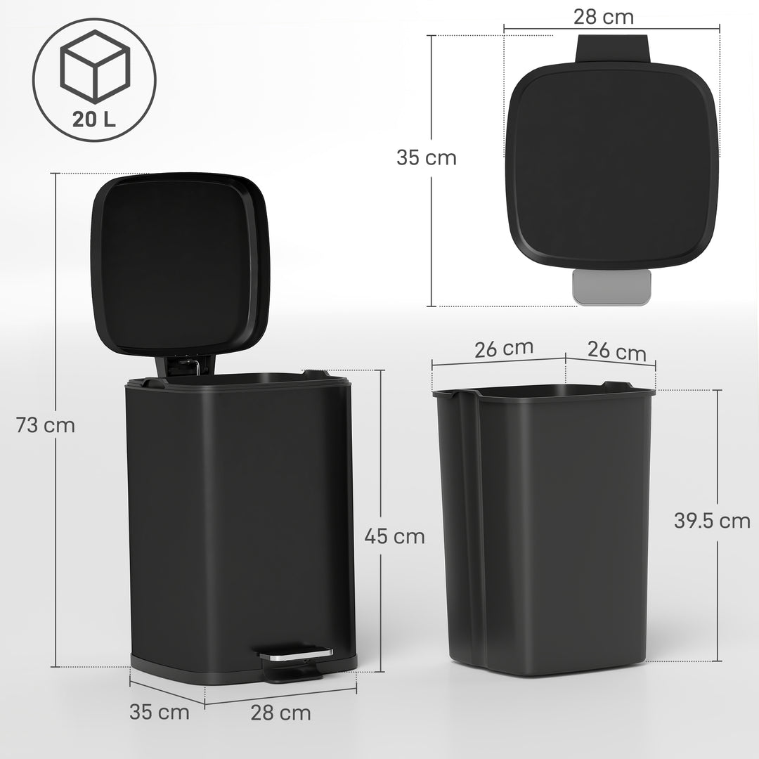 20L Modern Boxy Metal Home Kitchen Bin - Black