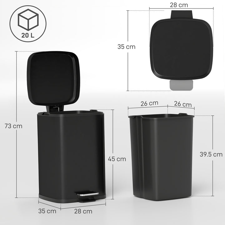 20L Modern Boxy Metal Home Kitchen Bin - Black