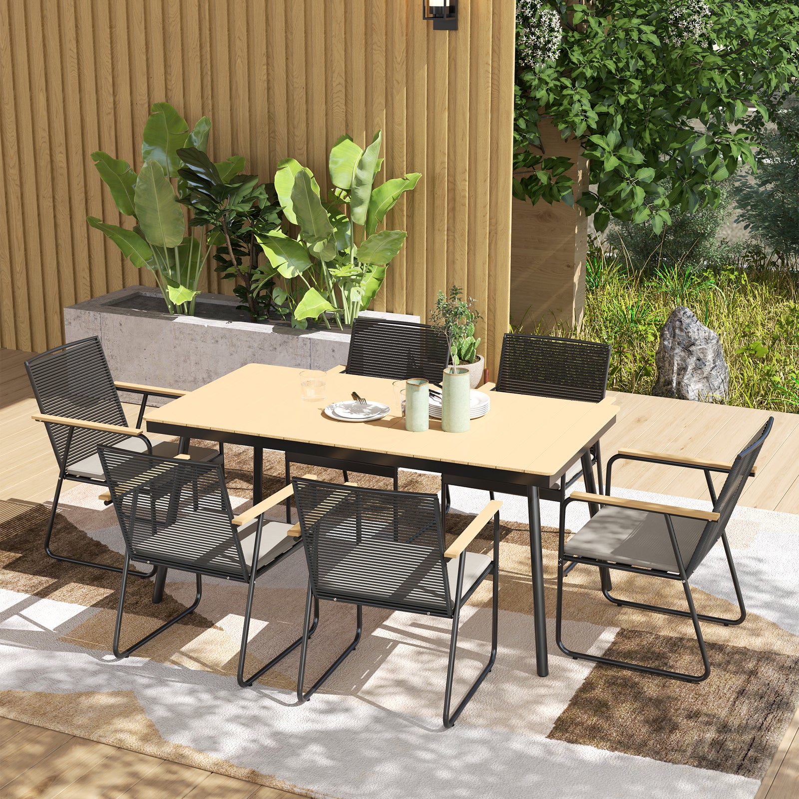 6‑Seater Garden Dining Set with Cushions, Rattan Backrest, Plastic Top