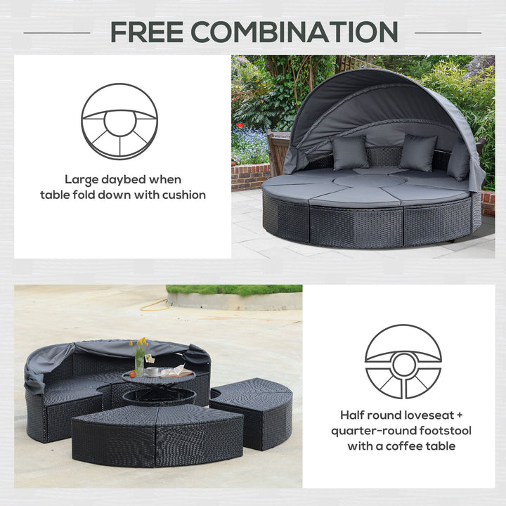 Outsunny 4 Pieces PE Rattan Garden Daybed Set, Outdoor Wicker Cushioned Round Sofa Bed Conversation Furniture with Coffee Table & Canopy, Black