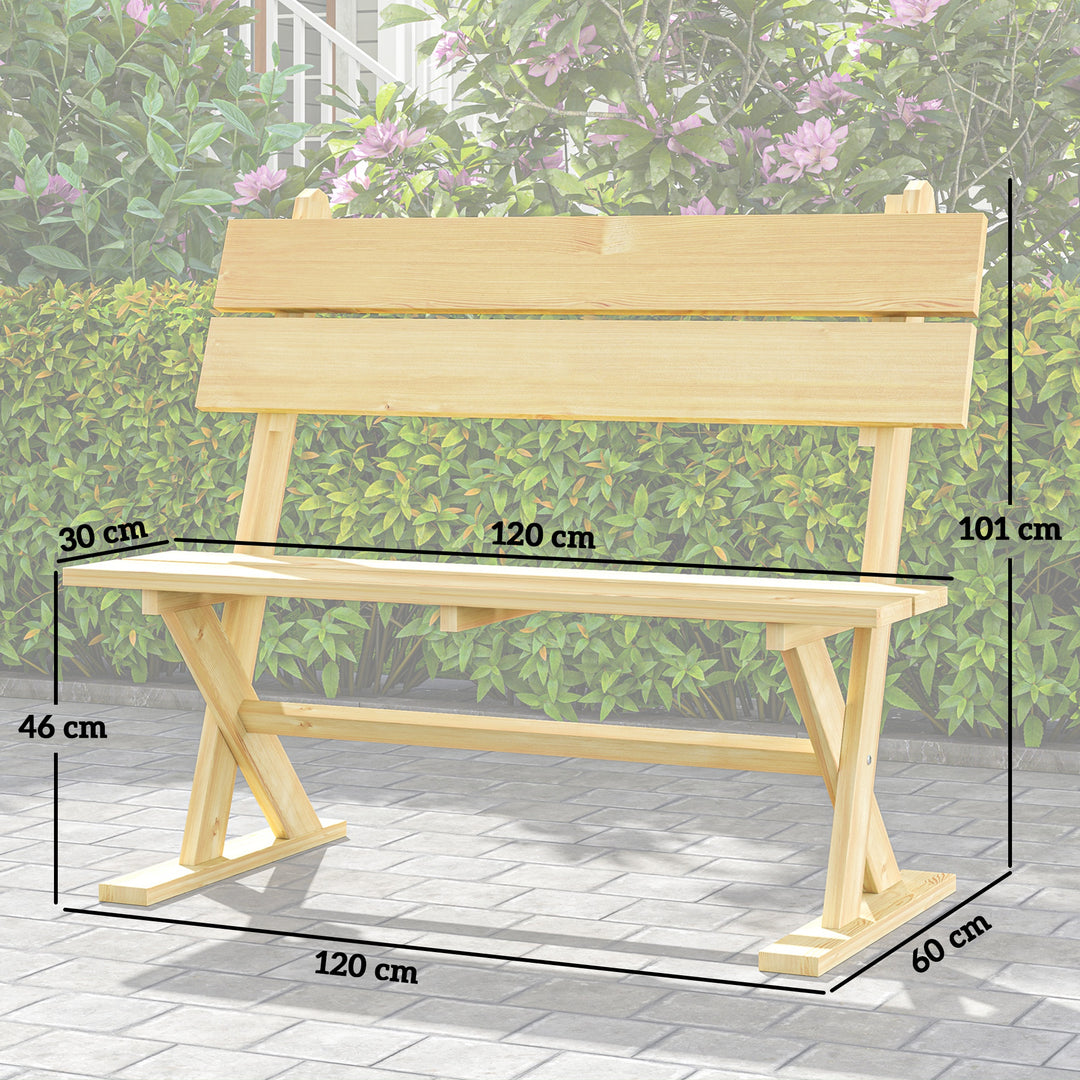 2 Seater Wooden Garden Bench, Fir Wood Outdoor Bench, Garden Loveseat with Slatted Seat, Sloping Back and Wide Feet for Patio, Park, Natural Wood Finish