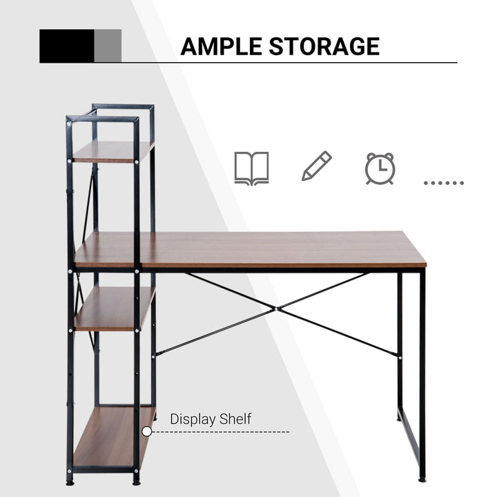 HOMCOM Workstation Desk with 4-Tier Bookshelf, Study PC Table, Home Office, Metal Frame, Wooden Top, Walnut & Black | Aosom UK