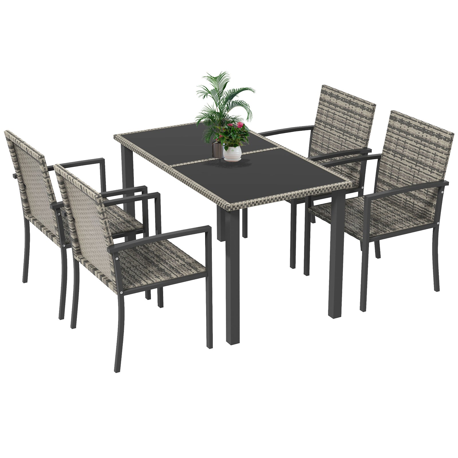 Outdoor Dining Set 5 Pieces Patio Conservatory with Tempered Glass Tabletop,4 Dining Chairs - Mixed Grey