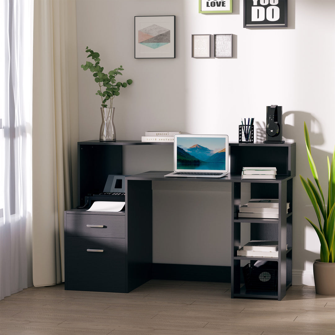 Computer Desk with Drawers and Storage Shelves, Office Desk Writing Table with Printer Stand, Large Workstation for Study Play Work Home Office, 137 x 55 x 92cm, Black