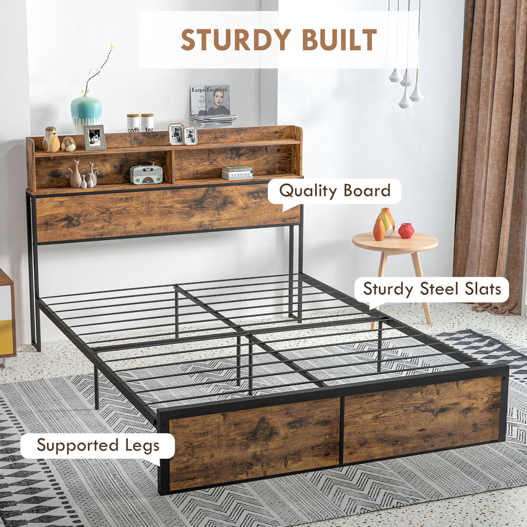 HOMCOM Industrial King Bed Frame, 5.2FT Steel Bed Base w/ Storage Headboard, Footboard, Under Bed Storage, 158 x 222cm, Rustic Brown