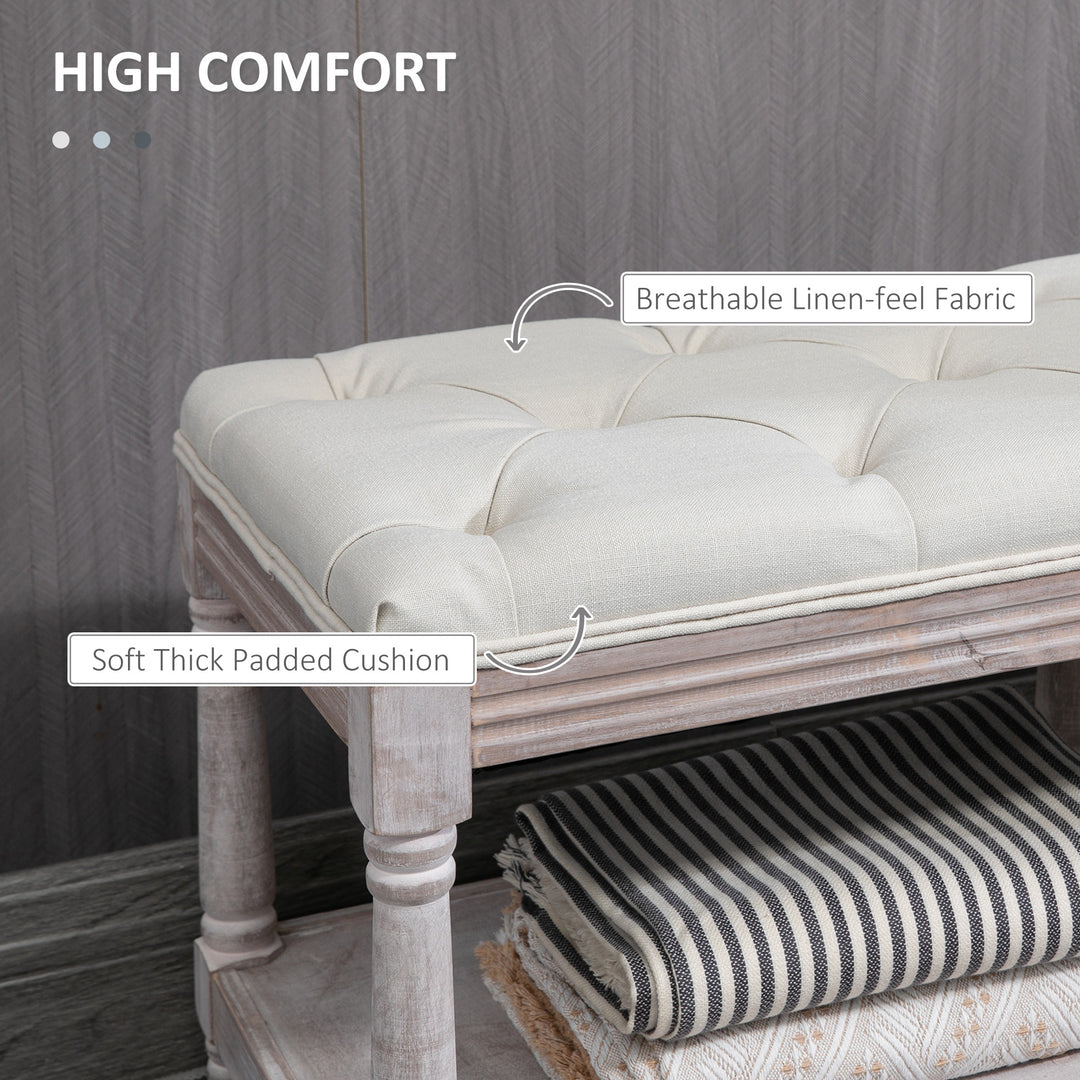 MCL 2-Tier Bed End Bench, Vintage Stool, Wooden Window Seat with Storage Shelf, Button Tufted Upholstered Footstool for Living Room, Bedroom, Entryway, Cream White