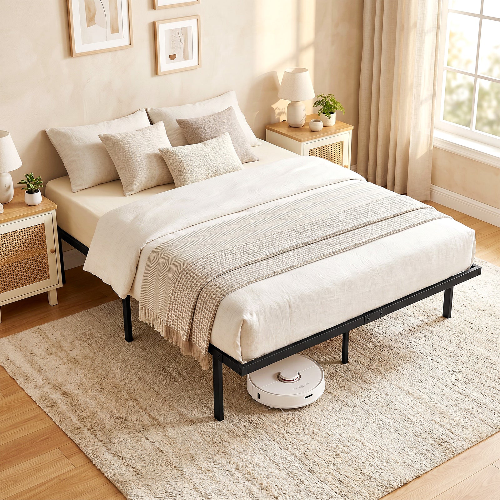4ft6 Double Bed Frame with Underbed Storage, Metal Platform Bed Frame 