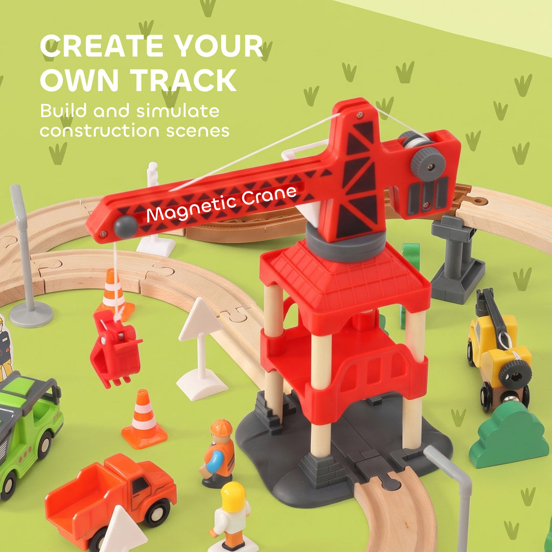 91-Piece Wooden Train Set, Toy Train with Magnetic Crane, Sound - view 6