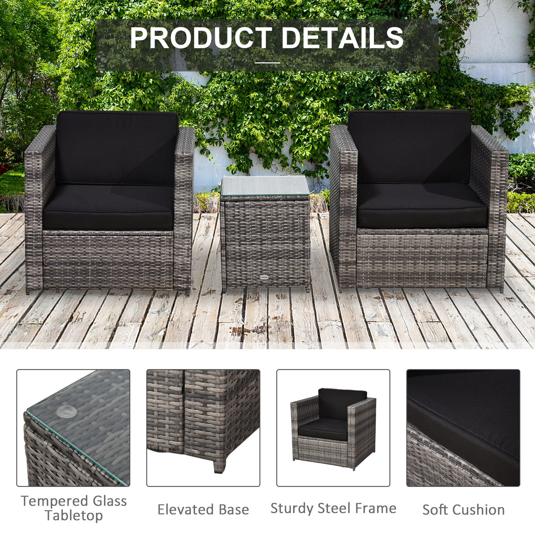 3 Pieces Rattan Bistro Set, Wicker Garden Furniture Set with Glass Top Coffee Table and Chairs, Thickened Washable Cushions for Outdoor, Patio, Balcony, Grey