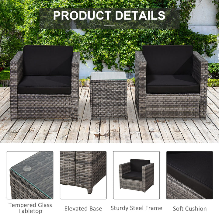 3 Pieces Rattan Bistro Set, Wicker Garden Furniture Set with Glass Top Coffee Table and Chairs, Thickened Washable Cushions for Outdoor, Patio, Balcony, Grey