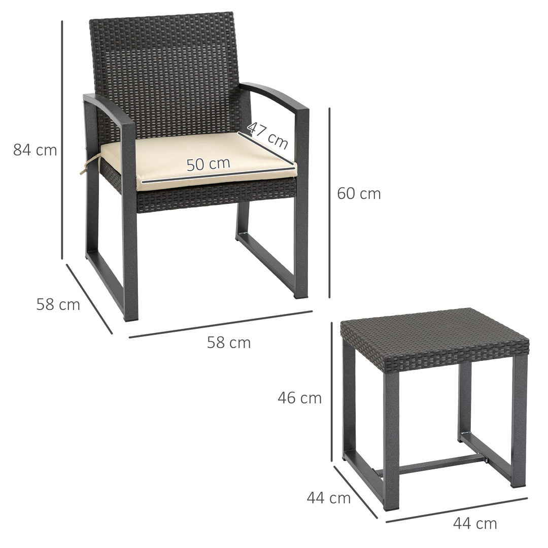 Outsunny Outdoor Garden PP Rattan Style Bistro Set, 3 PCS Patio Side Table Set w/ 2 Cushioned Single Chairs Conservatory Furniture, Brown