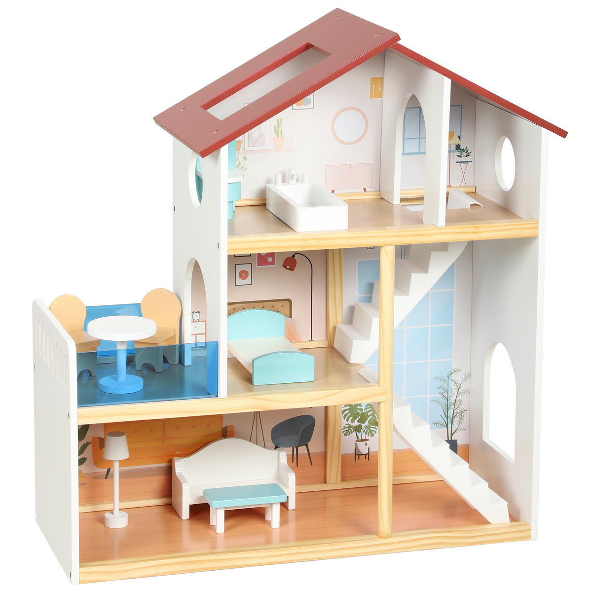 Kids Wooden Dolls House, 3-Story Dollhouse with 5 Rooms and 11