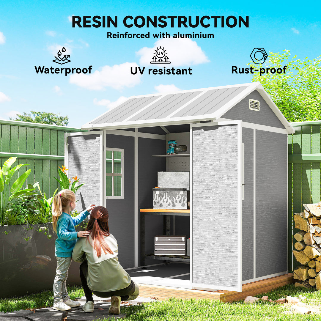 Outsunny 6 x 6ft Garden Shed with Floor, Window, Lockable Doors and Vents, Wood Effect Resin Tool Shed for Outdoor Patio, Grey