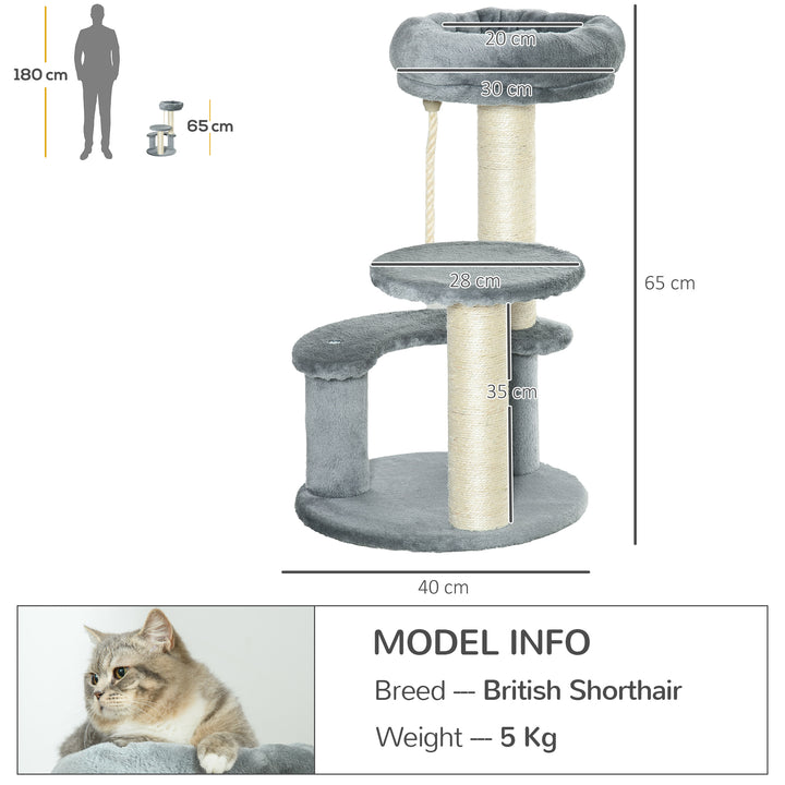 PawHut Cat Tree 65 cm, Kitty Scratcher, Kitten Activity Centre with 2 Perches & Hanging Sisal Rope, Grey | Aosom UK