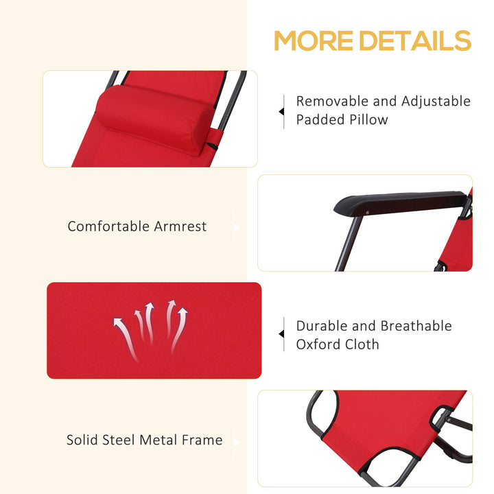 2 in 1 Folding Sun Lounger Reclining Garden Chair Set of 2 with 2-Level Adjustable Backrest, Outdoor Zero Gravity Recliner Garden Chairs with Head Pillow and Armrests, Red