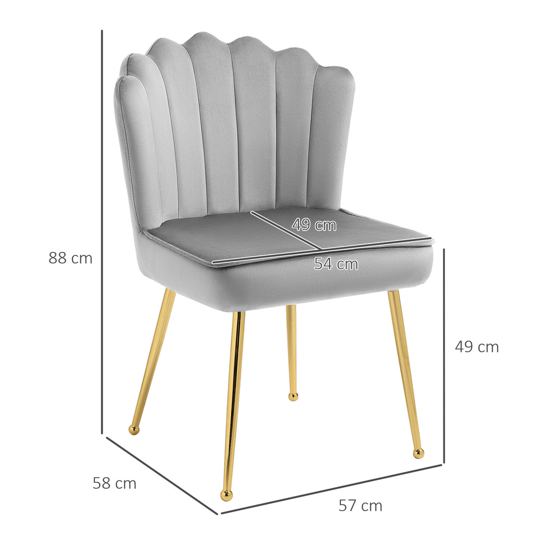 Shell Dining Chairs Set of 2, Upholstered Kitchen Chairs with Gold Metal Legs and Backrest, Velvet Fabric Lounge Leisure Chairs for Living Room, Reception Room, Grey
