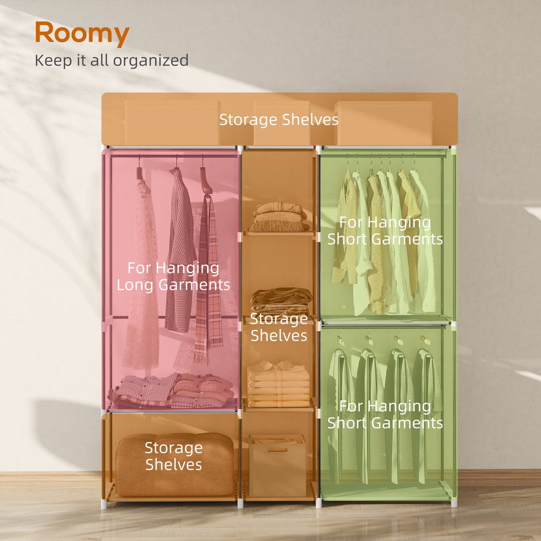 Portable Wardrobe, Open Clothes Wardrobe with 8 Shelves, 3 Hanging Rai