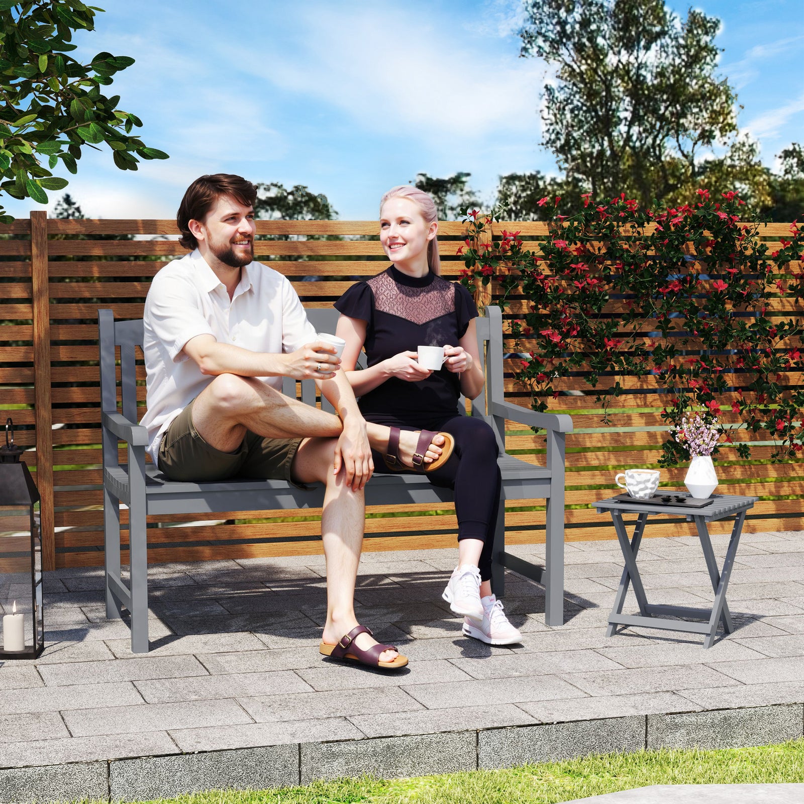 2-Seater Wooden Garden Bench Outdoor Patio Loveseat for Porch, Grey