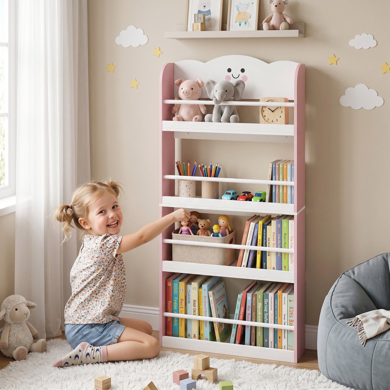 4 Tier Kids Bookshelf, Children Bookcase with Anti-Tip Kit, Toddler Sp