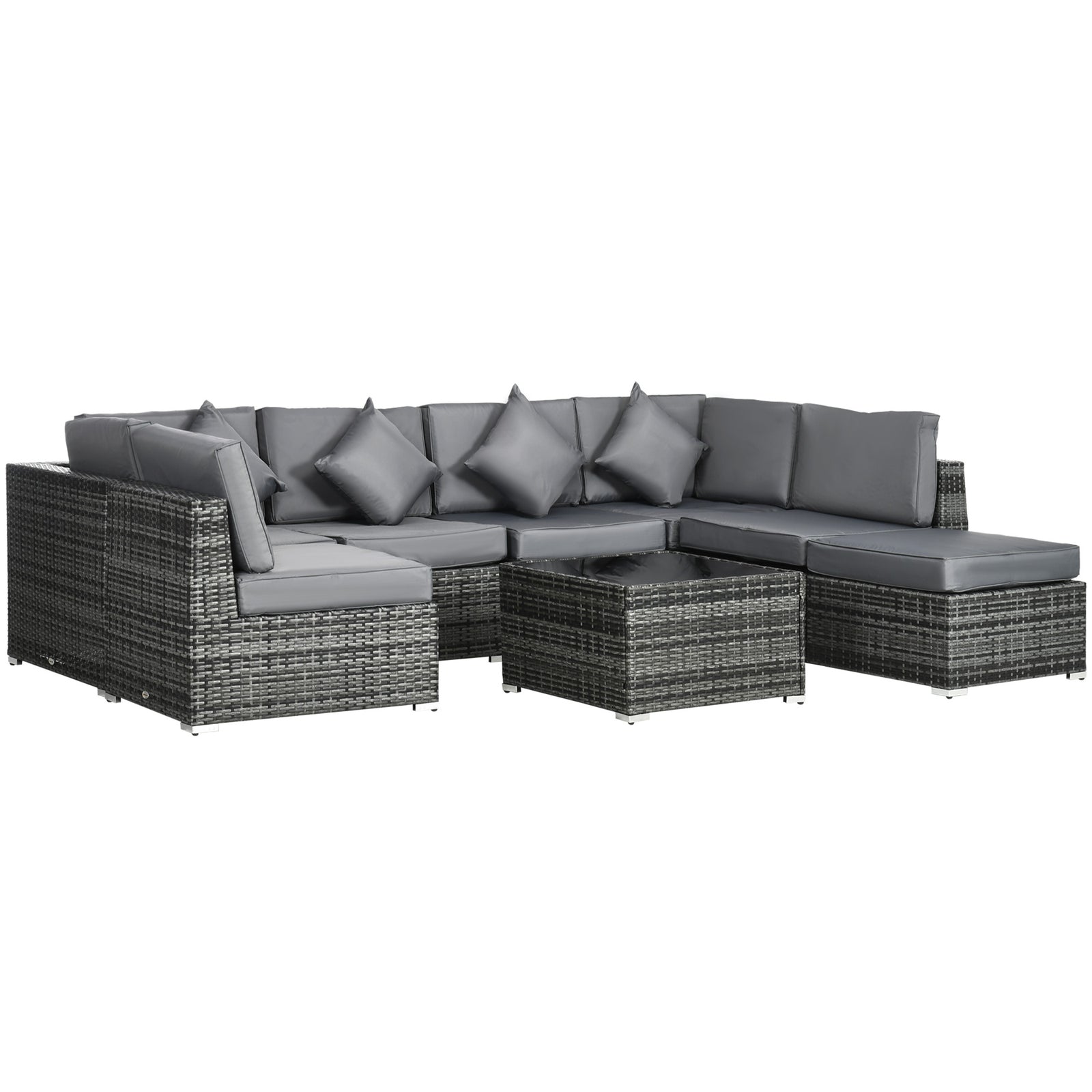 8 Pieces PE Rattan Corner Sofa Set, Outdoor Garden Furniture Set, Patio Wicker Sofa Seater w/ Cushion, Washable Cushion Cover & Tempered Glass Table, Grey