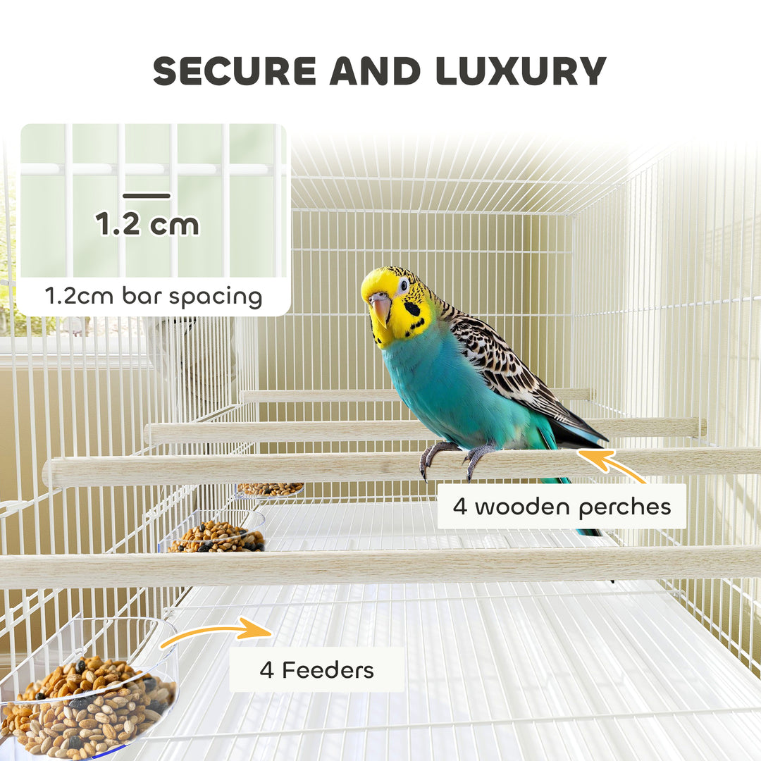 Bird Cage with Divider, 4 Wooden Perches, Slide Out Tray, 4 Feeders, for Budgie, Lovebird, Canary, 76 x 46 x 116cm White