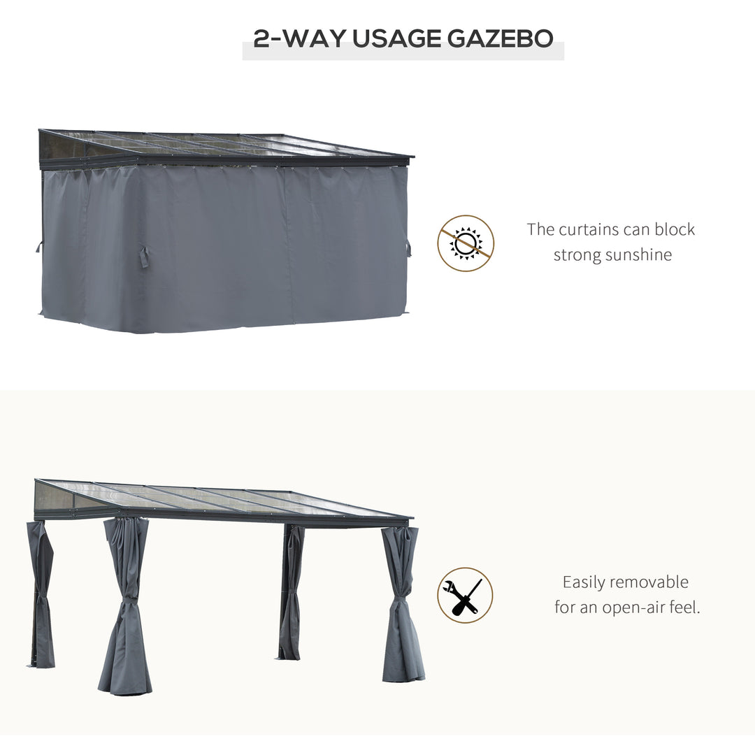 MCL 4 x 3(m) Outdoor Hardtop Gazebo with Curtains, Lean to Aluminium Pergola with Polycarbonate Roof, Garden Pavilion Sun Shade Shelter, Grey