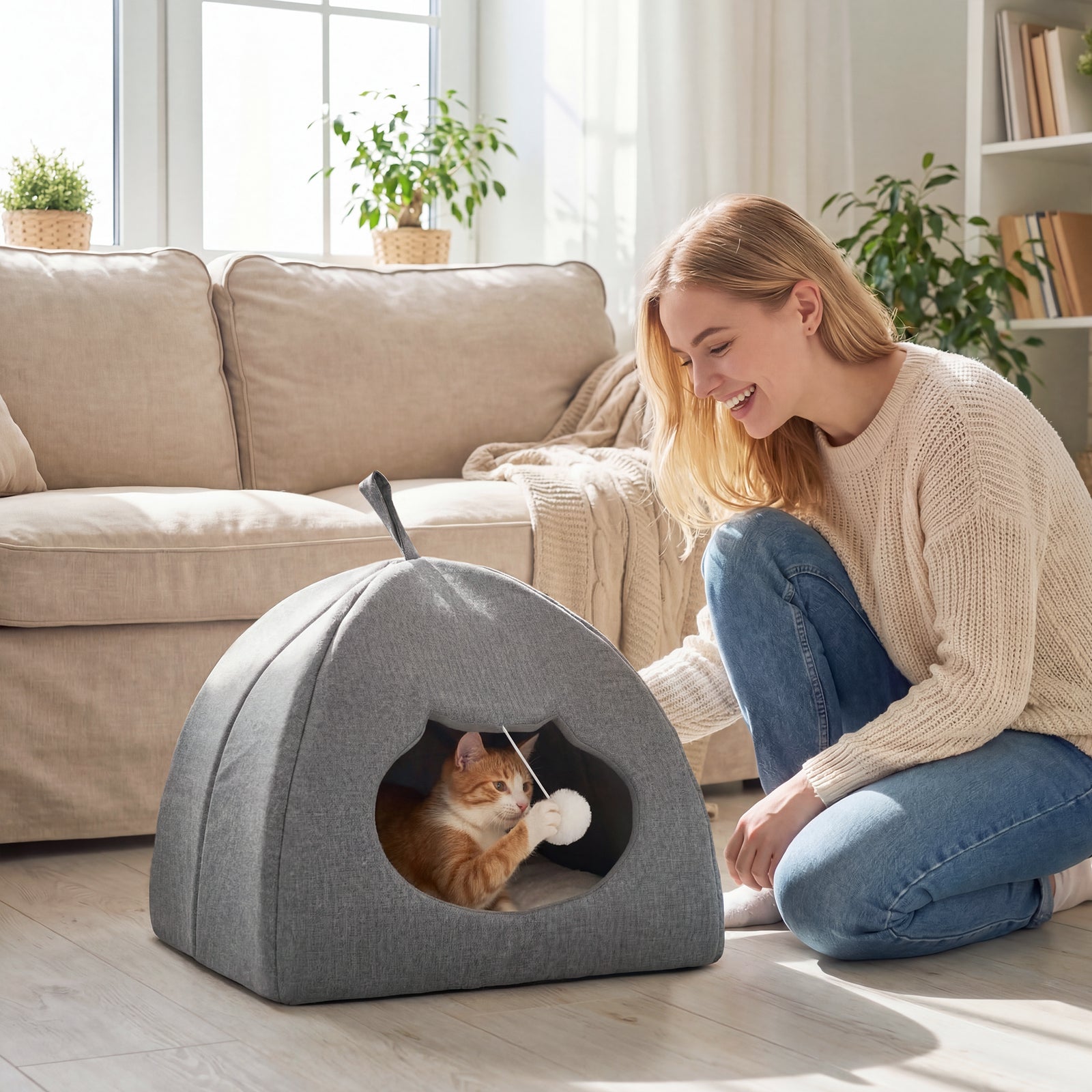 Cat Cave Bed for Indoor Kittens, Cat House with Removable Cushion and 