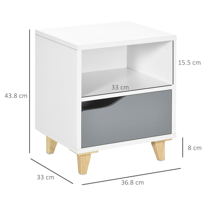 HOMCOM Contemporary Bedside Table, Compact Side Table with Drawer, Shelf, and Wooden Legs, 36.8x33x43.8cm, Grey and White