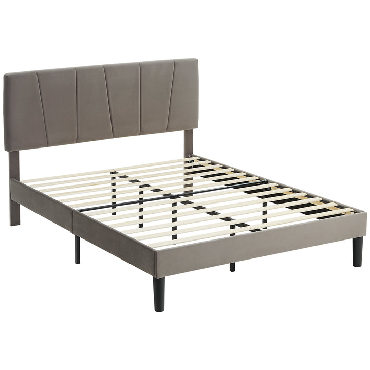 Double Bed Frame, with Velvet-Feel Headboard - Grey
