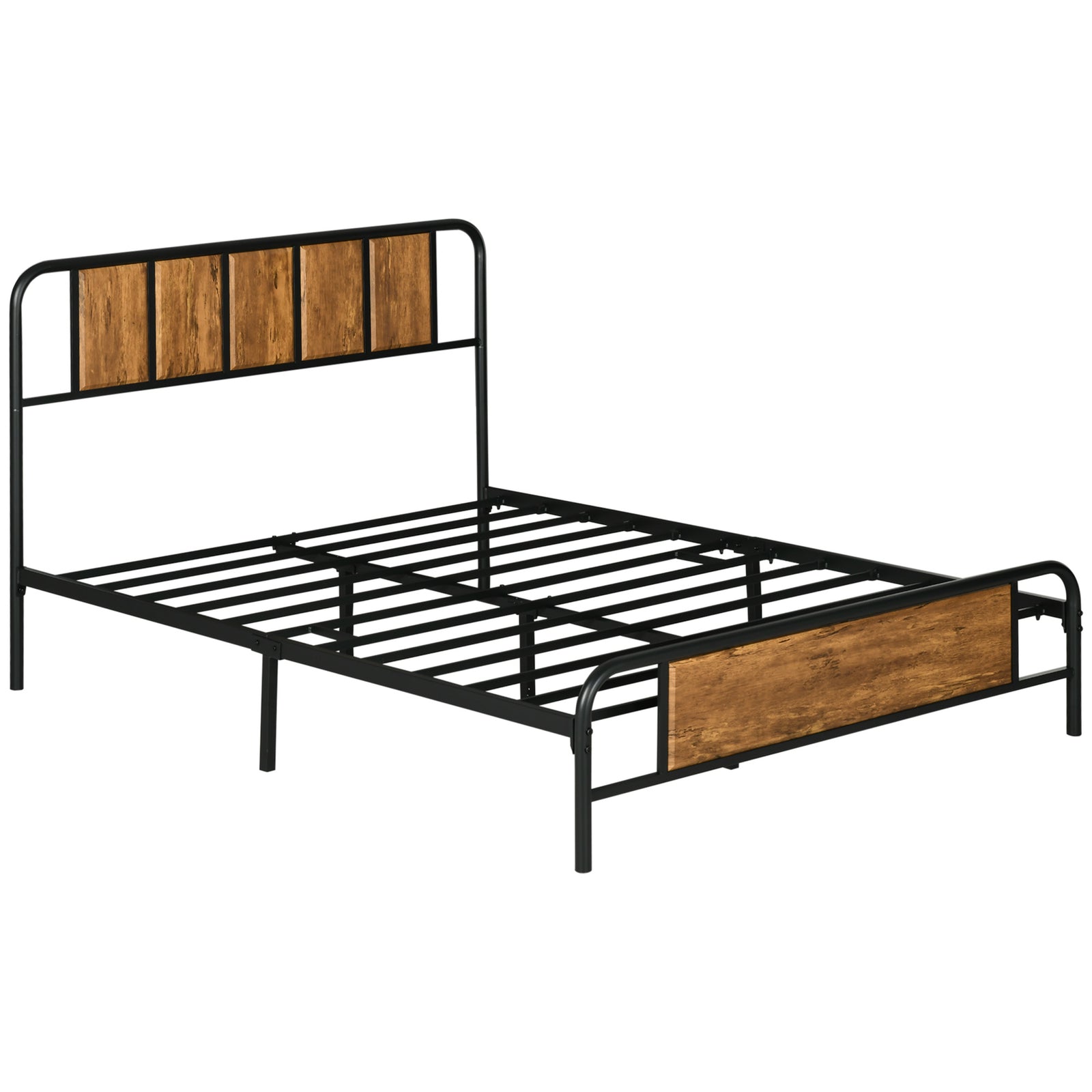 4.8ft Double Bed Frame with Industrial Wood Headboard, Steel Slat Support and 25.5cm Underbed Storage Space, 145 x 199cm, Rustic Brown