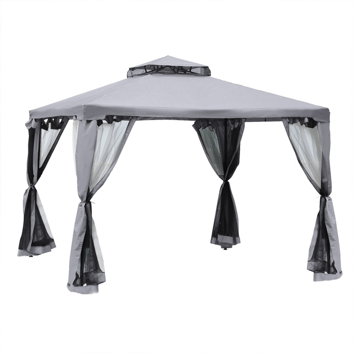 Outsunny Waterproof 3 x 3 Meter Metal Gazebo Garden Outdoor 2-tier Roof Marquee Party Tent Canopy Pavillion Shelter w/ Netting - Grey | Aosom UK