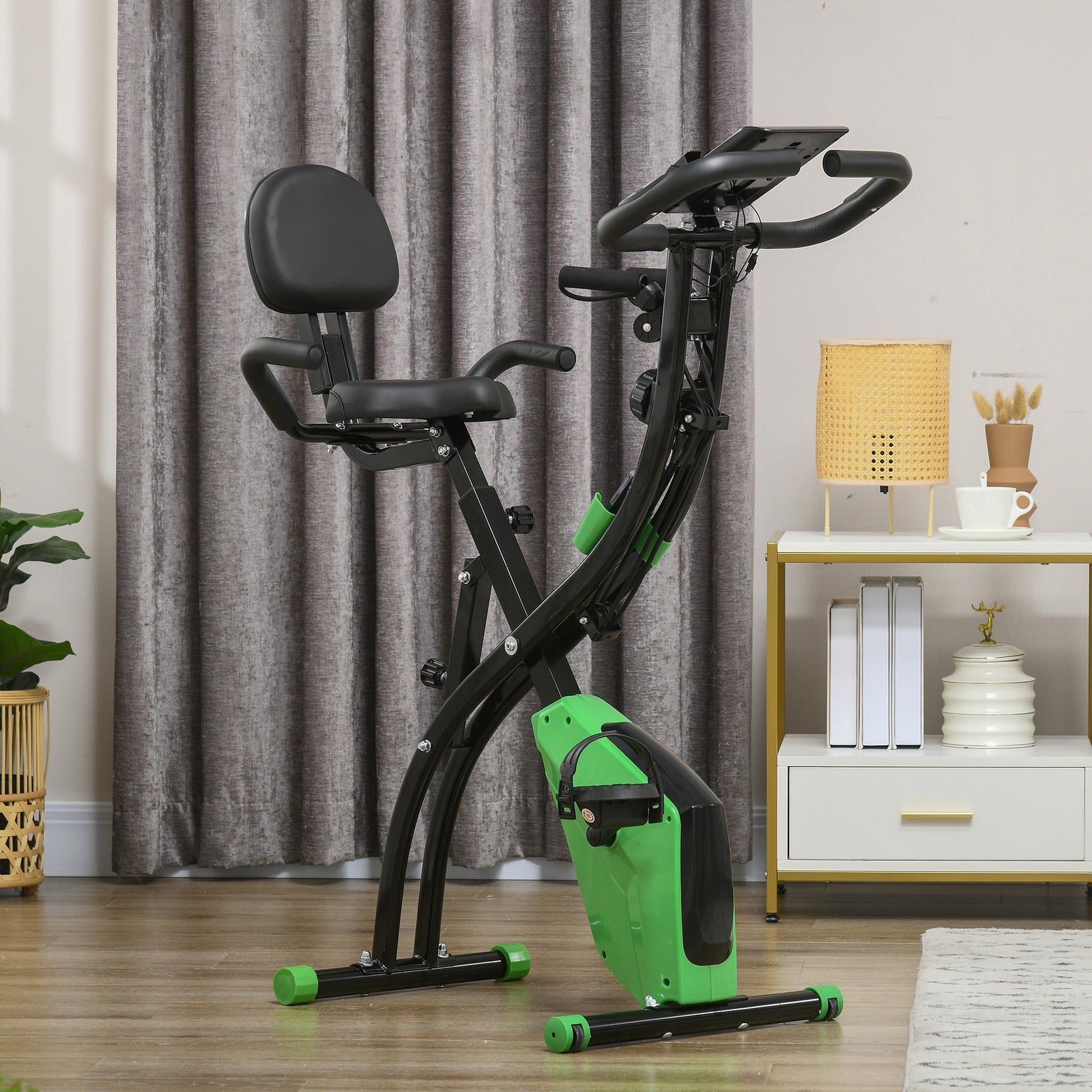 2-in-1 Folding Exercise Bike with 8-Level Magnetic Resistance, Arm Resistance Band, Pulse Sensor, Green