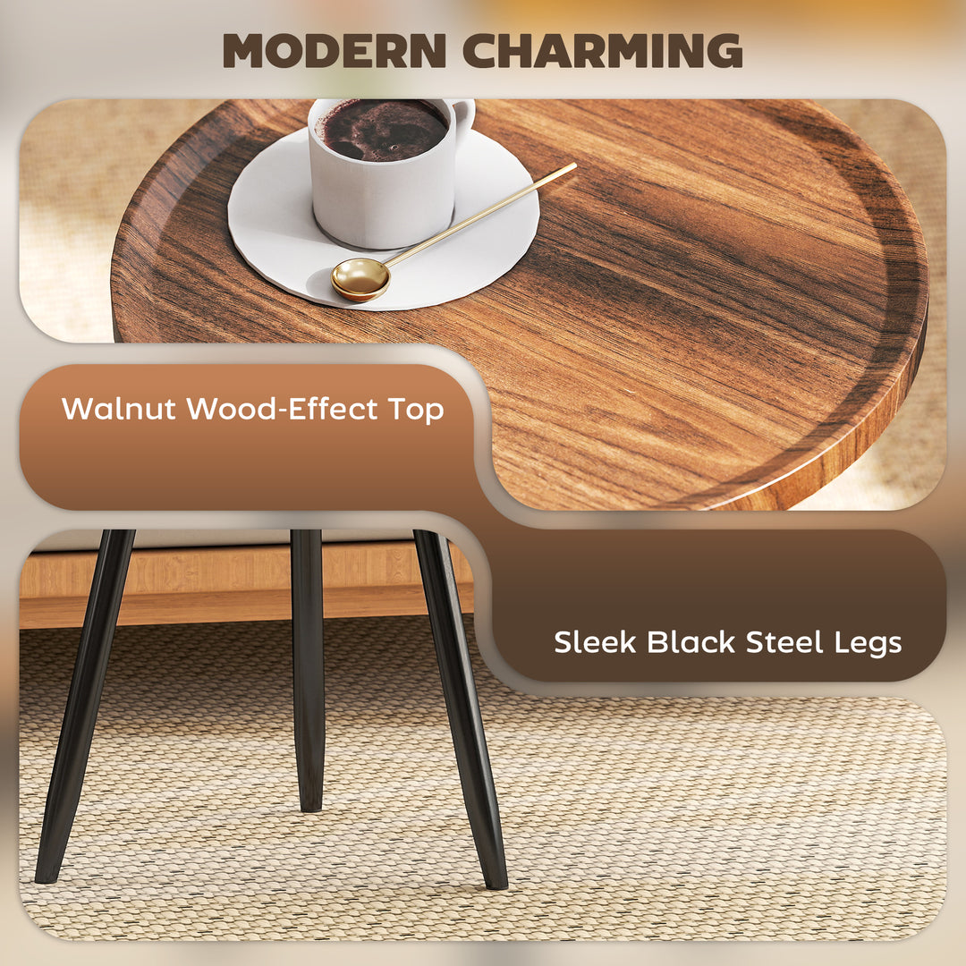 Modern Round Coffee Table with Steel Frame for Small Space, Sofa Beside, Living Room, Bedroom, Chestnut Wood Effect