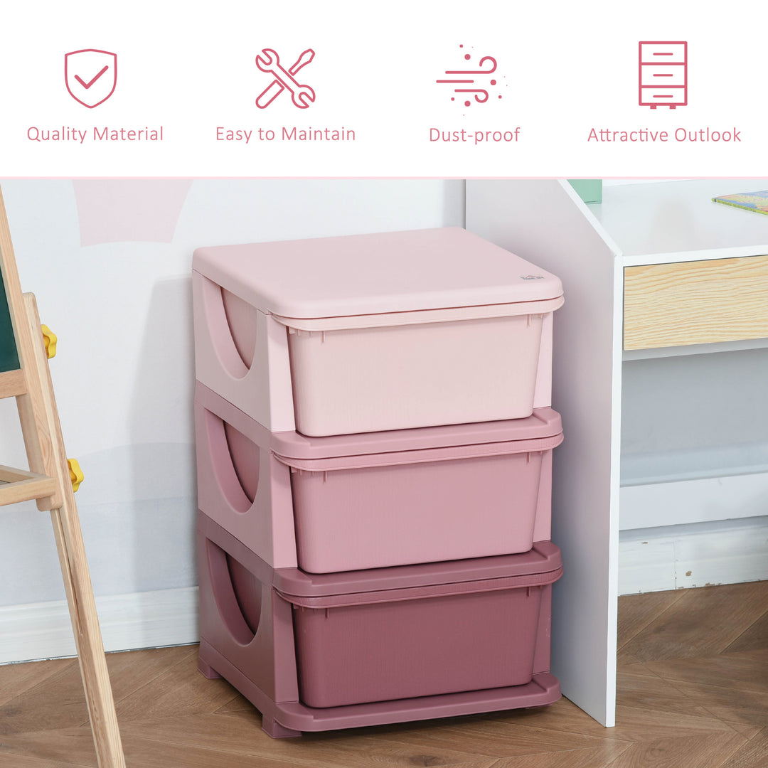 Kids Storage Units with 3 Drawers 3 Tier Chest Vertical Dresser Tower Toy Organiser for Nursery Playroom Kindergarten Pink