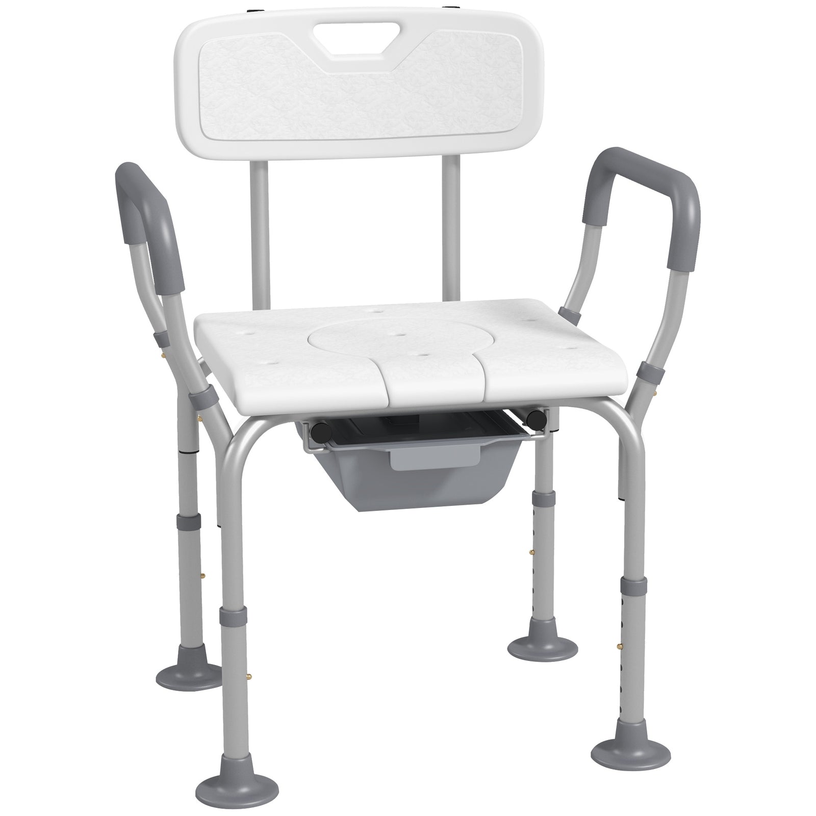 Height Adjustable Shower Stool with Arms and Back, Non-Slip Bedside Commode with Detachable Bucket for Elderly, White
