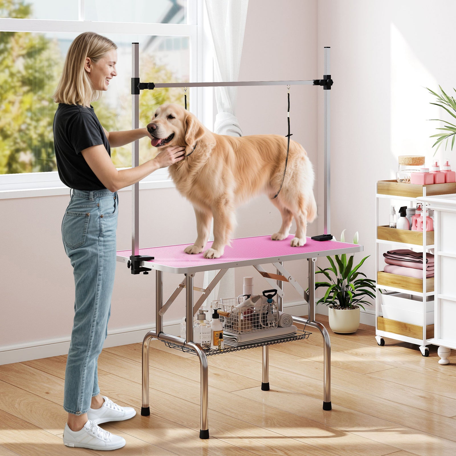 42" Dog Grooming Table, Adjustable Pet Cat Drying Beauty Table with 2 Loops Storage Basket, Rubber Top, Pink