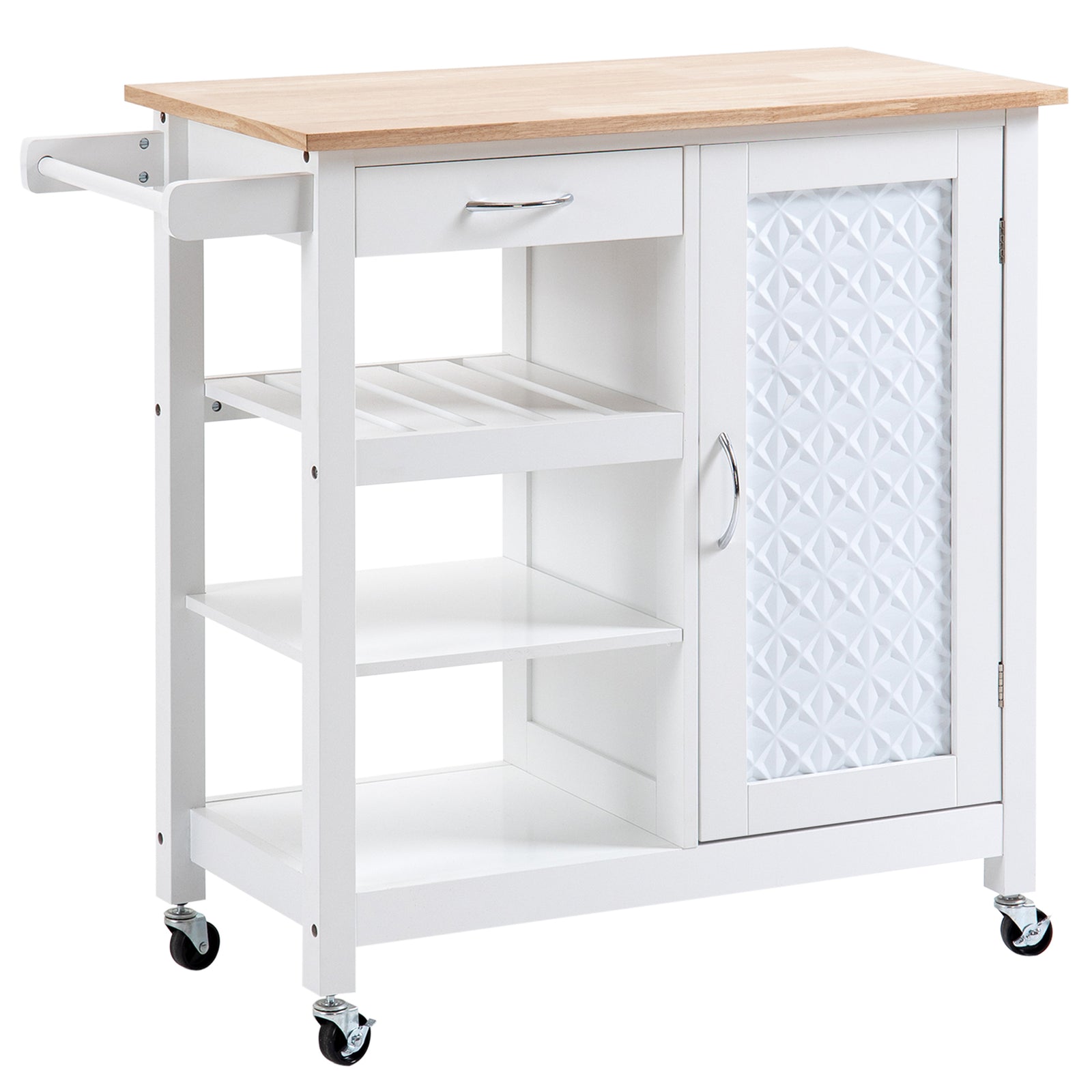 Kitchen Trolley, Kitchen Island on Wheels with Embossed Door Panel, Utility Kitchen Cart with 3 Storage Shelves, White