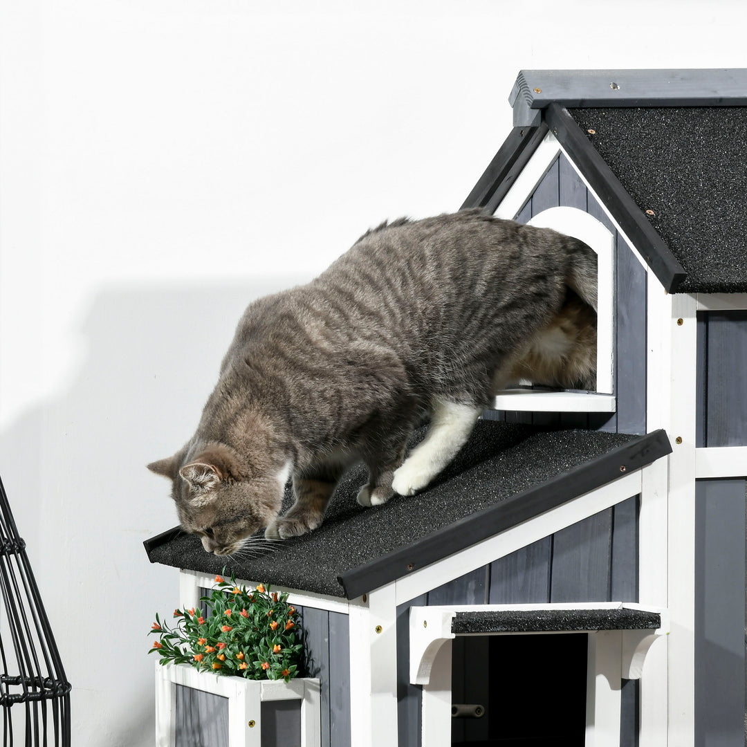 Wooden Cat House with Flower Pot, Windows, Multiple Entrances, Water-Resistant Roof for Outdoor - Grey
