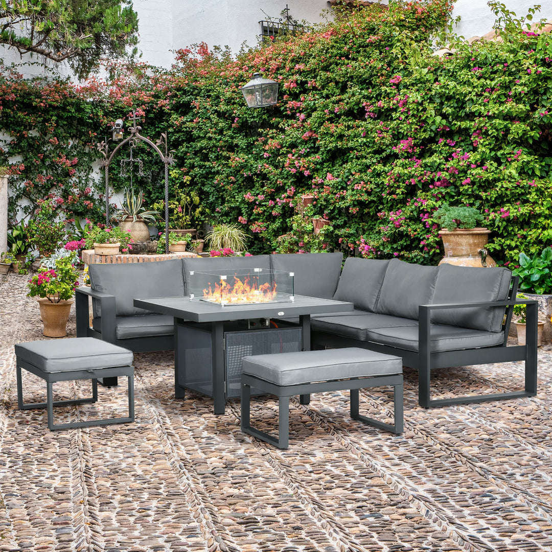 Outsunny 6-Piece Aluminium Garden Furniture Set, Outdoor Corner Sofa, Loveseat, Footstool, Sectional with Gas Fire Pit Table, Grey | Aosom UK