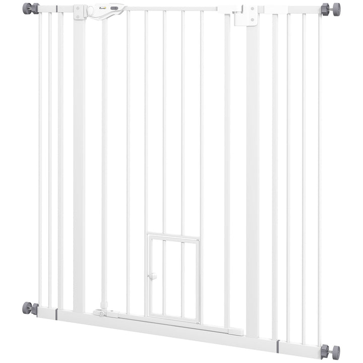 PawHut Extra Tall Pet Gate, Indoor Dog Safety Gate, with Cat Flap, Auto Close, 74-101cm Wide - White | Aosom UK