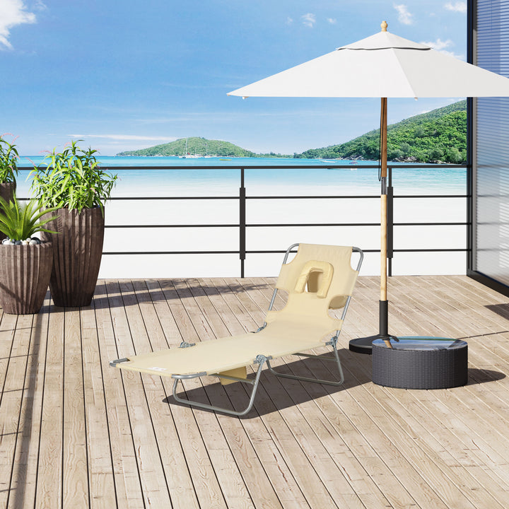 Foldable Sun Lounger, Beach Chaise Lounge with Reading Hole, Arm Slots, 5-Position Adjustable Backrest, Side Pocket, Pillow for Garden, Beach, Pool, Beige