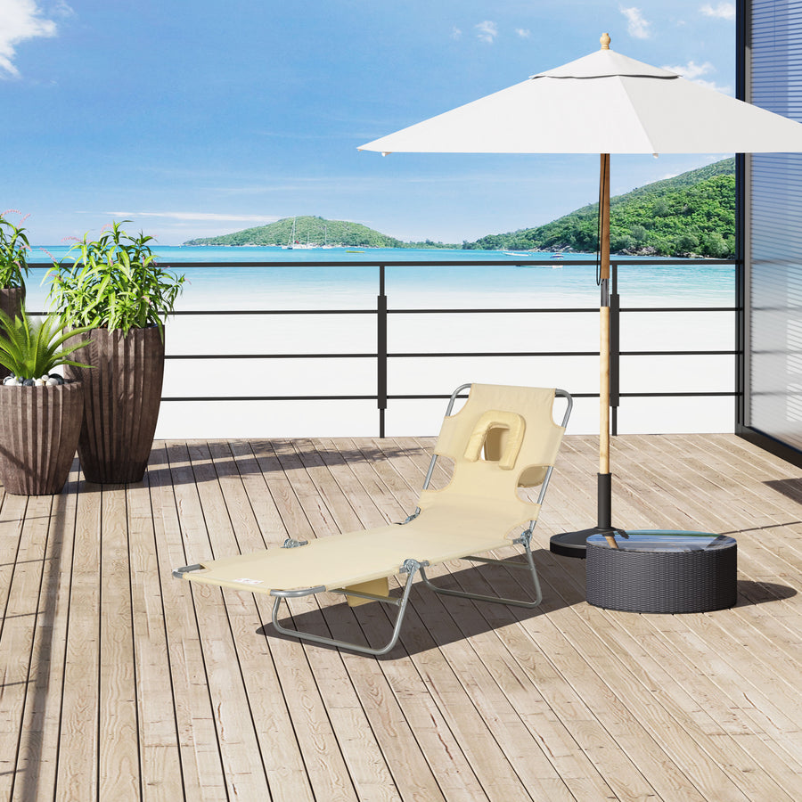 Foldable Sun Lounger, Beach Chaise Lounge with Reading Hole, Arm Slots, 5-Position Adjustable Backrest, Side Pocket, Pillow for Garden, Beach, Pool, Beige