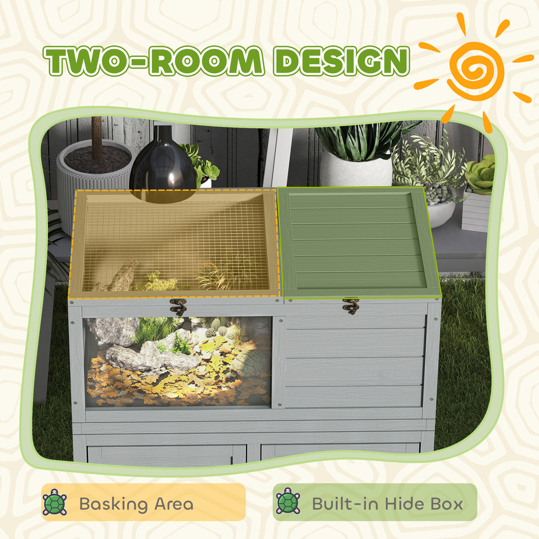 Wooden Tortoise House with Storage Cabinet, Openable Top, Lamp Holder, Windows, Light Grey