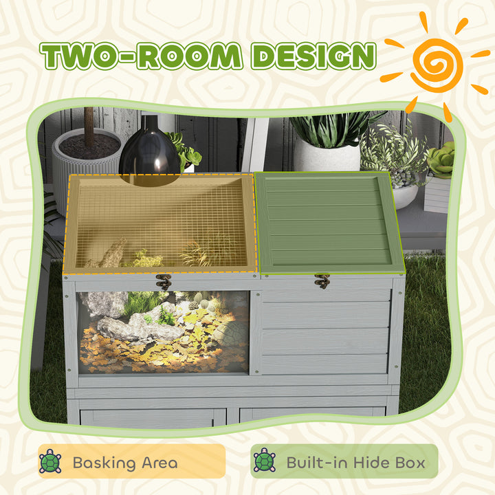 Wooden Tortoise House with Storage Cabinet, Openable Top, Lamp Holder, Windows, Light Grey