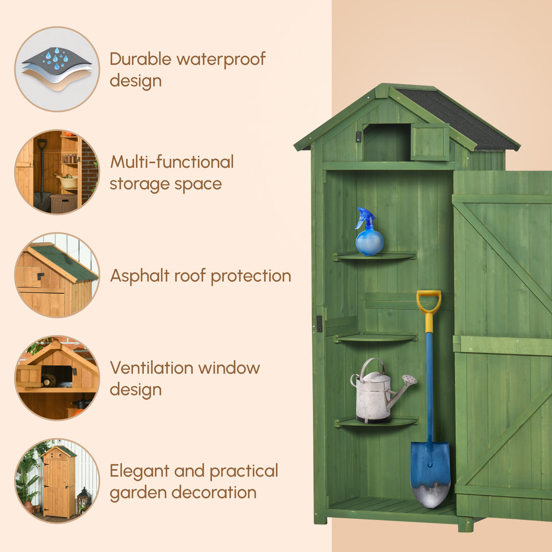 Small Shed, Tall Slim Wooden Garden Shed with 3 Removable Shelves and Roof Hatch, Compact Outdoor Tool Storage Cabinet with Asphalt Roof and Door Latch, 77 x 54.2 x 179 cm, Green