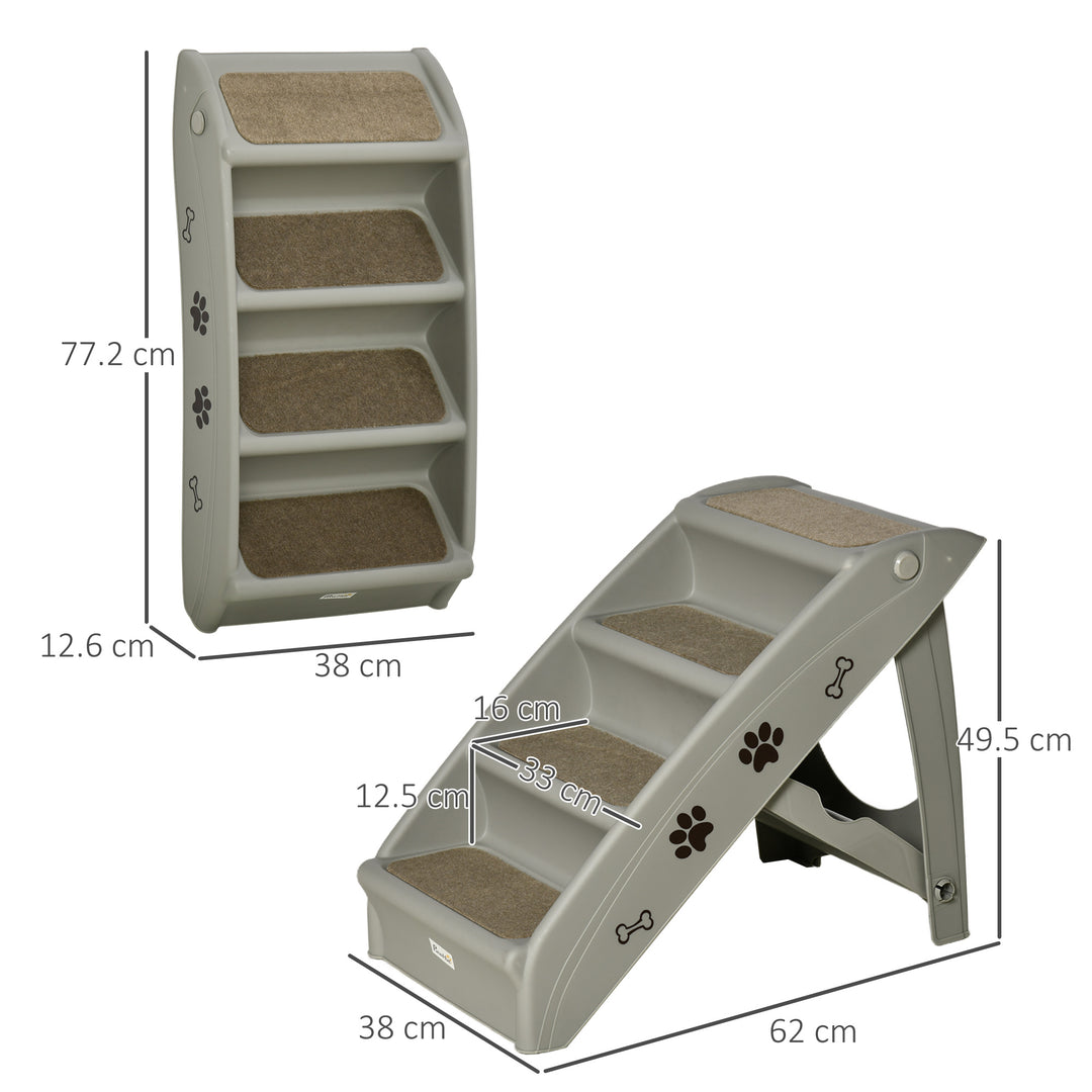 PawHut Foldable Pet Stairs, 4-Step for Cats Small Dogs with Non-slip Mats, 62 x 38 x 49.5 cm, Grey | Aosom UK