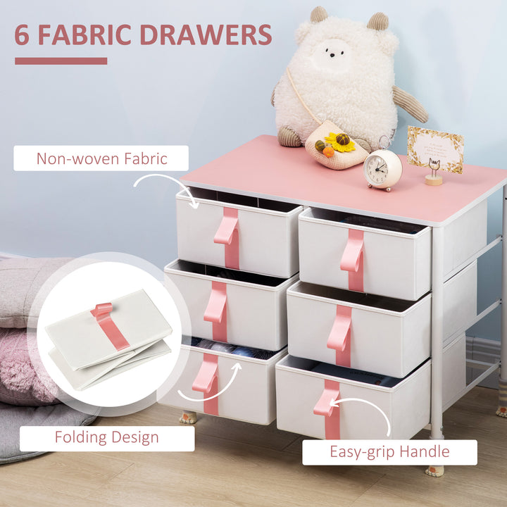 HOMCOM Storage Chest with 6 Fabric Drawers, Metal Frame Dresser with Wooden Top, Organiser for Bedroom or Nursery, Pink | Aosom UK