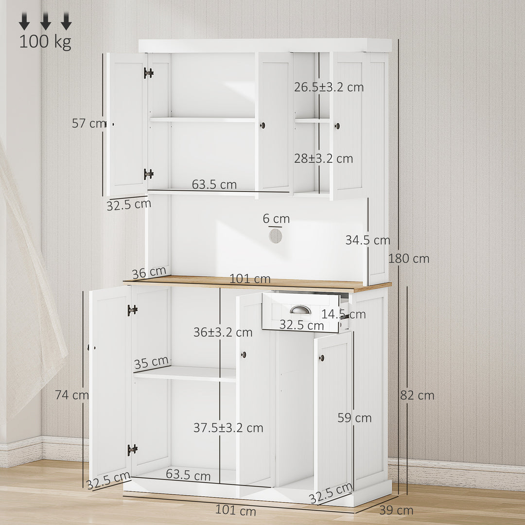 180cm Freestanding Kitchen Cabinet, Modern Storage Cupboard with Open Countertop, Drawer and 6 Doors, White