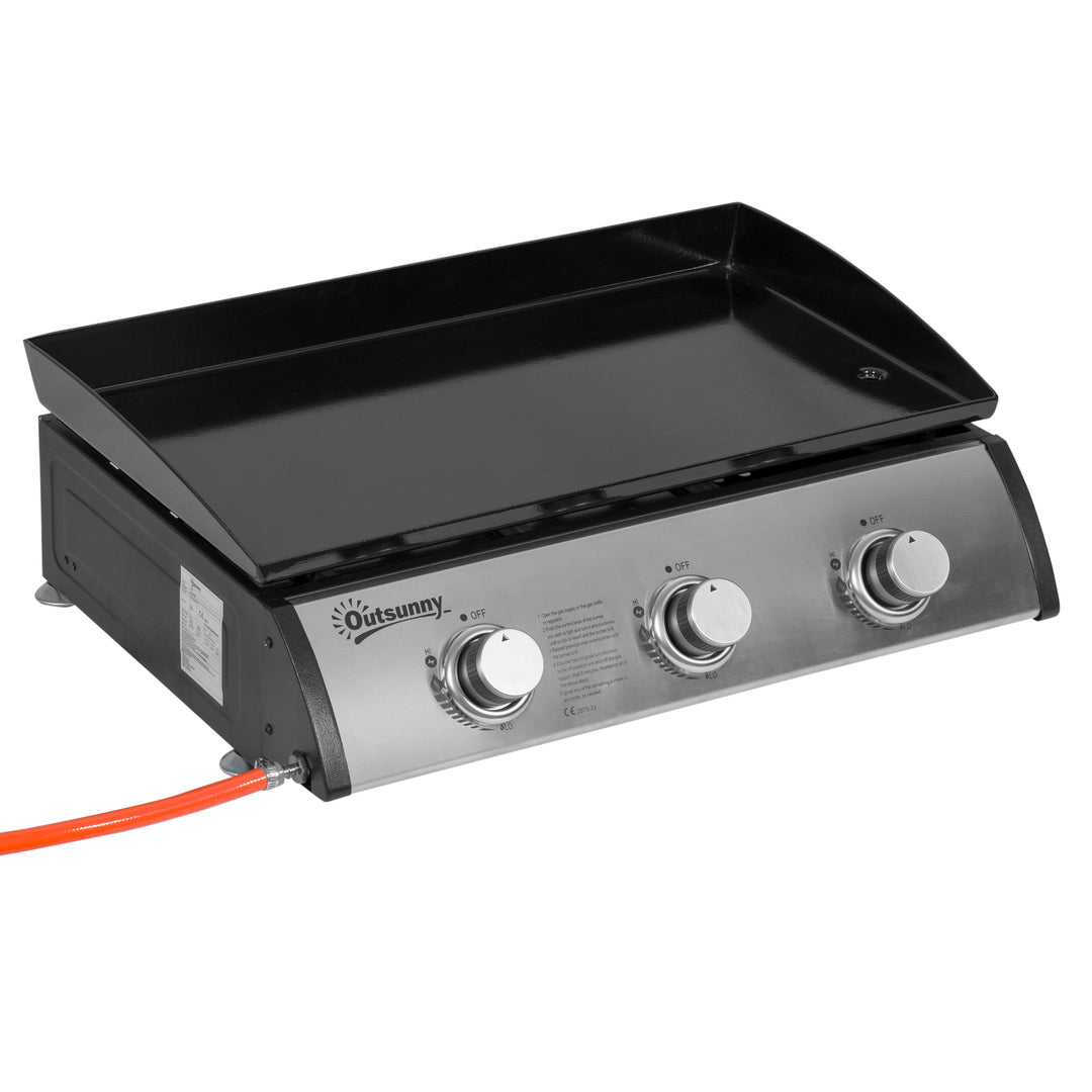 Gas Plancha Grill with 3 Stainless Steel Burner, 9kW, Portable Tabletop Gas BBQ with Non-Stick Griddle for Camping Picnic Garden Party Festival
